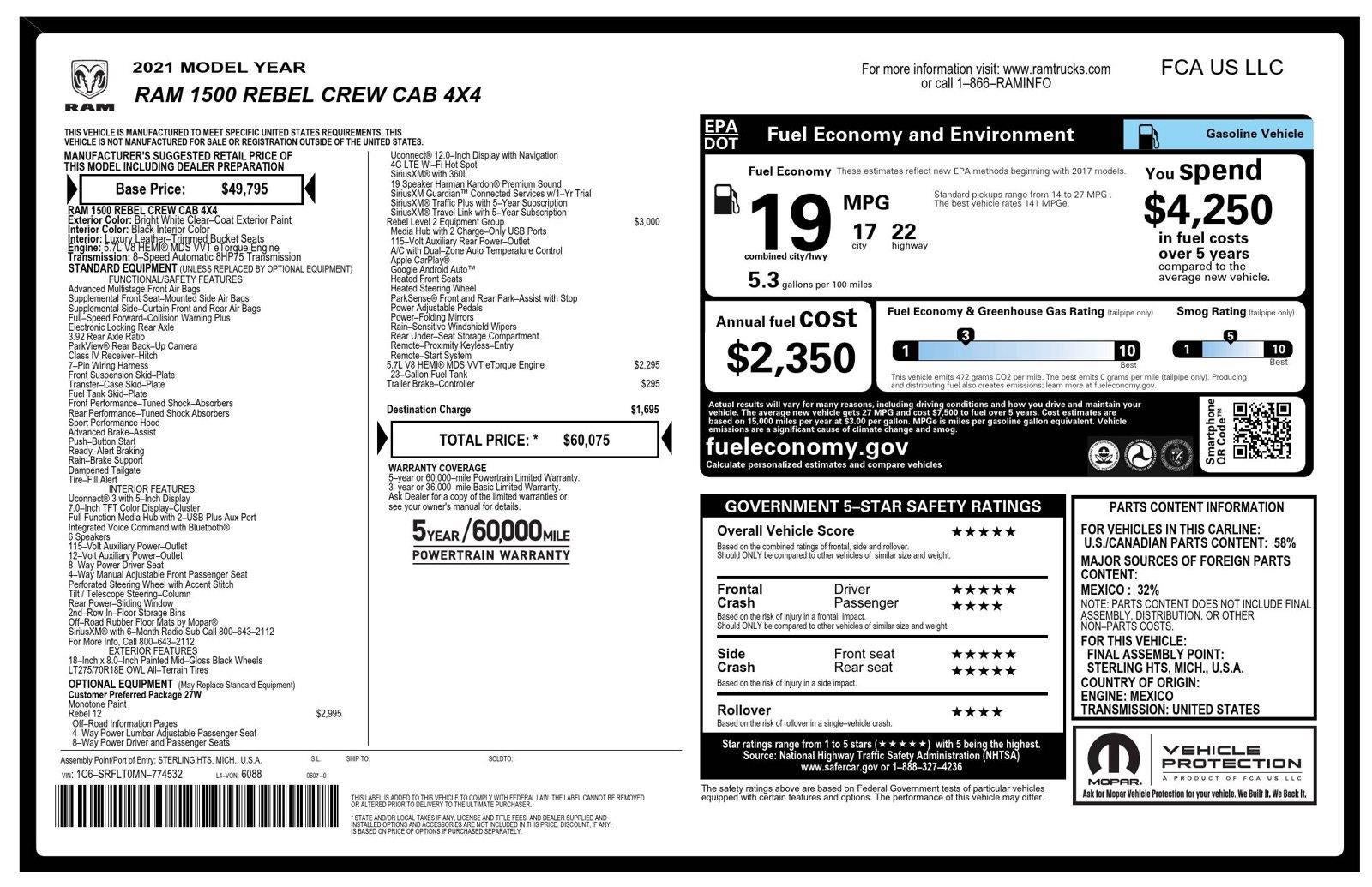 2021 RAM 1500 Rebel Crew Cab 4x4 5'7' Box